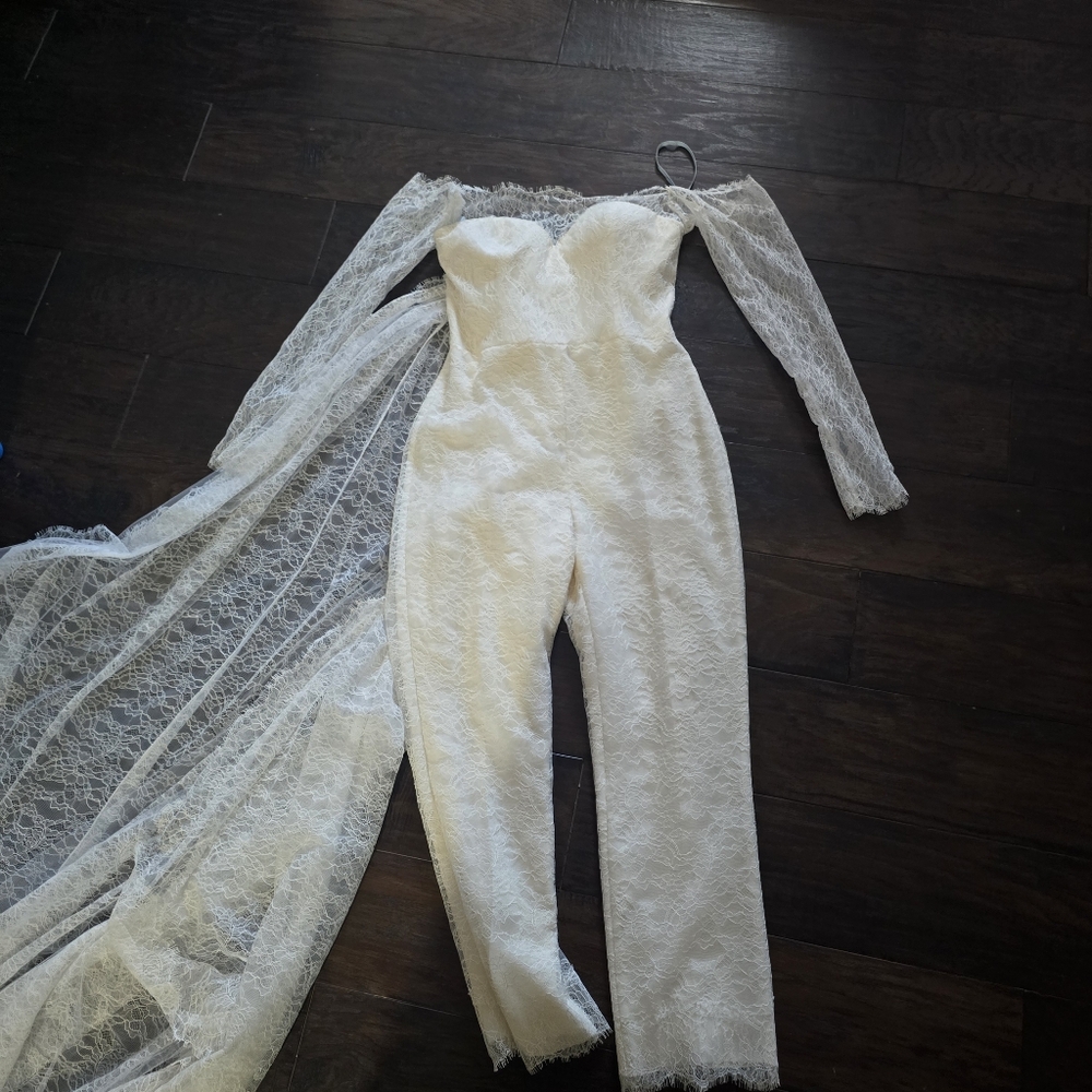 Carolina Herrera White Lace Off-Shoulder Jumpsuit with Train